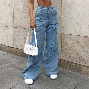 Sieviešu 90s Y2K Izkaisītas Plašā Kāju Mamma Džinsi Liela Kabatas Kravas Bikses Vintage Mopping Bikses Gadījuma Streetwear Draugs Džinsa Džinsi