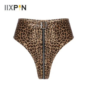 Sieviešu PU Ādas Leopard Sexy Clubwear High Cut Sānu Zip Up Laupījums Šorti Karstā Bikses par Nakts Klubu Puses Murgot, Seksīgas Biksītes