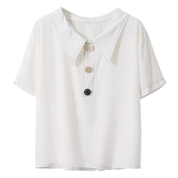 sieviešu vasaras balts ar īsām piedurknēm blūze vintage Dažādas pogas turn-apkakle krekls ikdienas topi