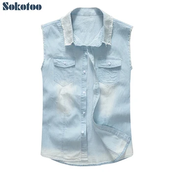 Sokotoo Vīriešu gaiši gaiši zils viegls plānas džinsa veste Slim bez piedurknēm gadījuma kokvilnas krekls Tank top