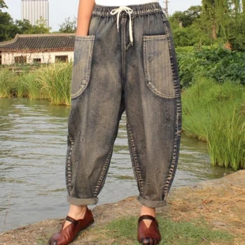 SpringAutumn Mākslas Stilu Sievietēm Mīksti Džinsi Elastīgs Viduklis Gadījuma Kokvilnas Džinsa Bikses Vintage Jeans Dāmas Plaša Kāju Džinsi S534