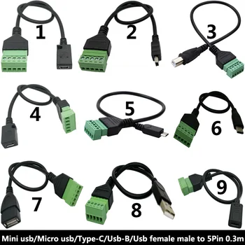 USB 2.0 Female B Micro usb, mini usb Type-C Vīriešu līdz 5 Pin Sieviešu Skrūve Skrūve Savienotājs ar Shield Termināļa Pievienojiet Adaptera Kabeli 1ft