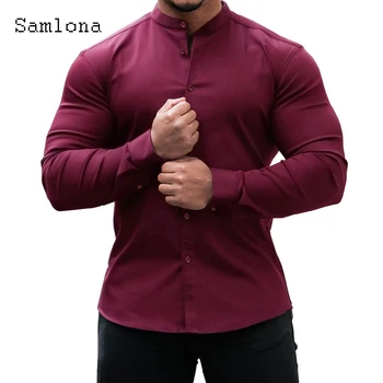 Vīriešu Elegants Atpūtas Krekli Masculina Gadījuma Mandarīnu Apkakles Krekls blusas Homme Ropa Sexy Top Valkāt Cietās Red Aprikožu Blūze