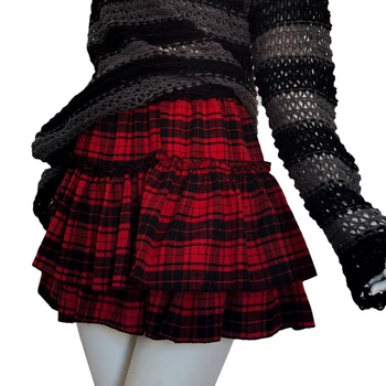 Y2k Meitene Gothic Ruffles Elastīgs Viduklis Midi Svārki Sievietēm Black Red Svītrainām Pleds Mini Svārki Tumši Goth Dāma Korejas Modes Apģērbi