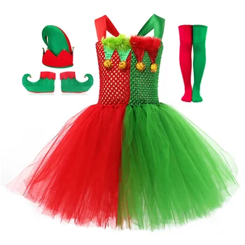 Ziemassvētku Elf Apģērbs Bērniem, Meitenēm Izgriezums Tutu Kleita, Cepure, Kurpes, Zeķes, Kostīms uz Halloween Ziemassvētki Maskēties Puse Cosplay Kostīms