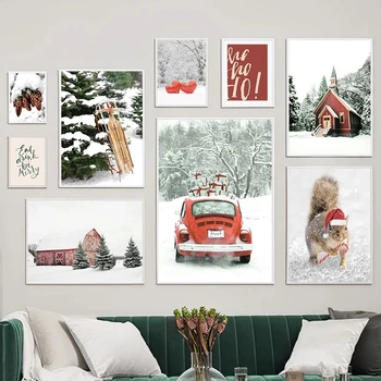 Ziemeļvalstu Ziemas Ainavu Attēlu Audekla Apgleznošana Sienu Mākslas Sniega Santa Hat Priežu Elk Plakātu un Drukāt uz Modern Home Ziemassvētku Dekori