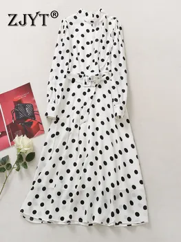 ZJYT Modes Dizainere Polka Dot Print Rudens Kleitas Sievietēm ar garām Piedurknēm Stāv Kakla Vidum Teļš Vintage Puse Drēbes Femme Balts