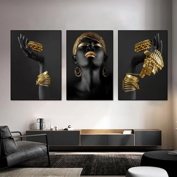 Āfrikas Mākslas Sudraba un Zelta Sieviete Portreta Glezniecība, Druka uz Audekla Plakāta Skandināvijas Sienas Mākslas Aina Dzīvojamā Istaba Cuadros