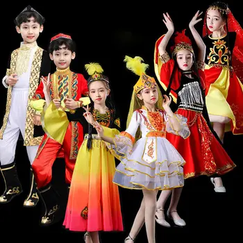 Ķīna Dejas Bērniem Ķīniešu Etniskās Apģērbu Uiguru Tradicionālo Apģērbu Festivāla Skatuves Sniegumu Princese Cosplay