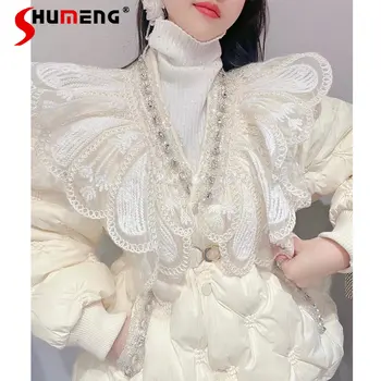 Dāmas Pasaku Elegants Balts Pīļu dūnu Jaka Sieviešu Ziemas Jauno korejiešu Stilā, Modes Salds Rhinestone Mežģīnes Ziedlapiņu Lelle Apkakles Mētelis