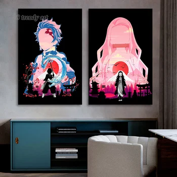 Anime Demon Slayer Plakāti Nezuko Kamado un Tanjiro Kamado Audekla Apgleznošana Sienu Mākslas Aina Mājas Dzīvojamā Istaba Dekori Bez Rāmja