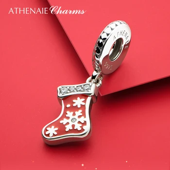 ATHENAIE Ziemassvētku Ganāmpulka ar Sniegpārslas Kulons 925 Sterling Silver Red Emalja Vilināt Šarmu, lai Aproce