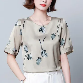 Luksusa Elegants Zīda Satīna Blūzes, Sieviešu Apģērbs ar Īsām Piedurknēm, Vasaras Krekls Pilsētas Modes Drukāšanas Balto Sieviešu Džemperi 2022
