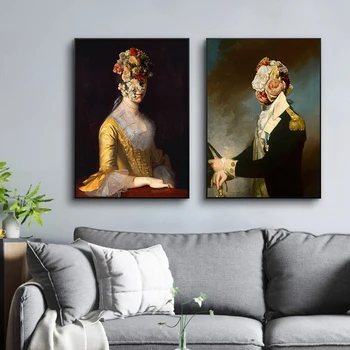 Sirreālu Mākslas Ziedu Plīvurs Portrets-Sieviete un Karavīrs, Retro Plakāta Mākslas Izdrukas Audekls Gleznas, Sienas Attēlu Mājas viesistabā