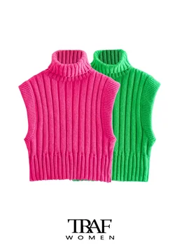 TRAF Sieviešu Modes Apgriezts Salātu Adīt Vintage Džemperis ar Augstu Apkakli, bez Piedurknēm, Sieviešu Džemperi Šiks Topi